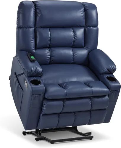 Miniatura 22 de MCombo Silla reclinable eléctrica de motor dual para adultos mayores, silla de elevación plana con calor y masaje, portavasos, puertos USB, piel