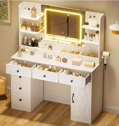COMHOMA Tocador de Maquillaje con Espejo y Luces, Mesa de Tocador Grande con 6 Cajones y 1 Armario de Almacenamiento, Mesa de Tocador Blanca para