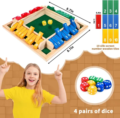 Miniatura 6 de Juego de dados Shut The Box para 1 a 4 jugadores, 10 números de madera tradicional, tablero de bar de pub familiar, juego de dados para adultos
