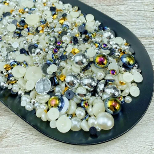 Miniatura 3 de Cuentas de resina con diamantes de imitación, mitad redonda, cuentas de perlas planas de 30 g, cuentas de media perla con diamantes de imitación