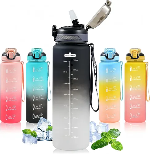 Botella de agua deportiva con popote, botellas de agua de 32 onzas con marcador de tiempo para niños y niñas, botella de agua simple y moderna de