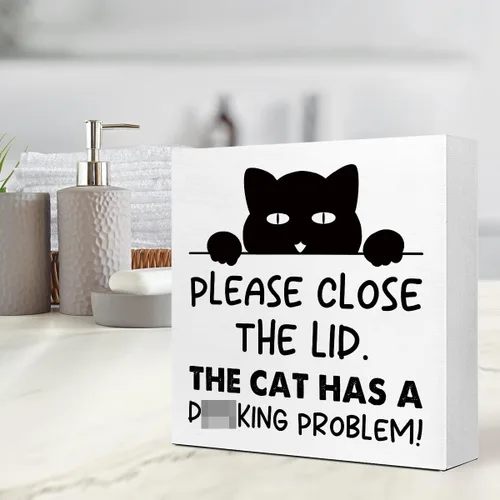 Miniatura 4 de LVQHI Divertidos carteles de madera para baño, decoración de escritorio de baño, decoración de escritorio de baño, cierre la tapa, el gato tiene un