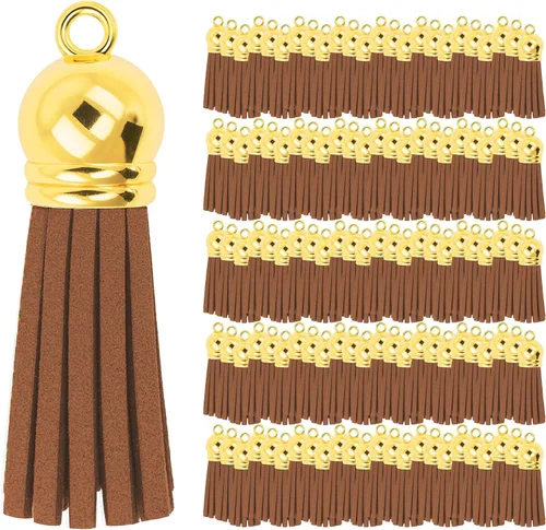 Miniatura 88 de Mandala Crafts 100 borlas de gamuza sintética color aguamarina con tapa dorada, suministros para hacer llaveros a granel, pequeñas borlas de cuero