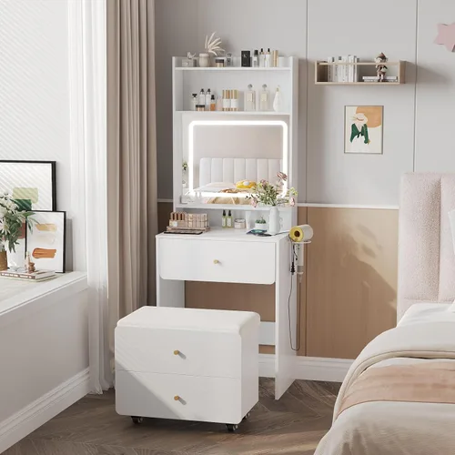 Miniatura 2 de Vabches Escritorio de tocador de maquillaje con espejo y luces, juego de mesa de tocador blanca con estación de carga, tocador pequeño para niñas