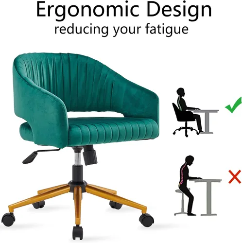 Miniatura 6 de Silla de oficina en casa, silla de escritorio giratoria de terciopelo, moderna y bonita silla de escritorio verde con base dorada para niñas