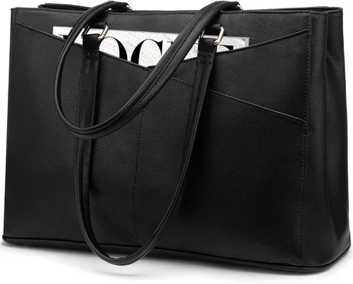 Miniatura 10 de LOVEVOOK Bolsa de mano para computadora portátil para mujer, bolsas de trabajo de cuero de 15.6 pulgadas con soporte grande para tazas para Negro