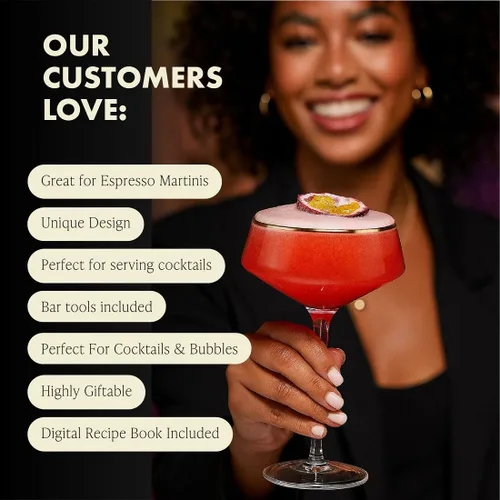 Miniatura 7 de VEMACITY - Juego de 4 vasos de Martini Espresso de lujo Vasos Coupé de 10 onzas con bordes dorados para champán, Cosmopolitans - Incluye jigger