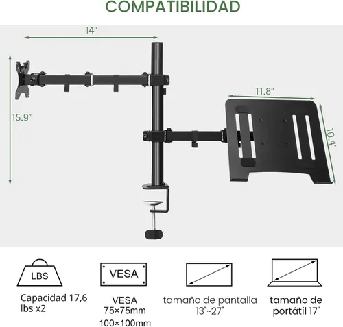 Miniatura 2 de UPGRAVITY Soporte para monitor y portátil, brazo de monitor con bandeja ventilada para pantallas LCD de computadora de 13 a 27 pulgadas y portátiles