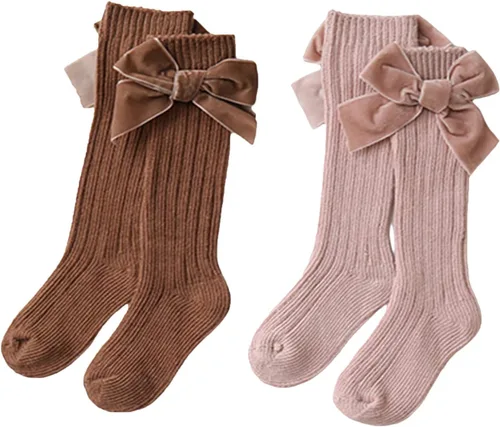 Kayotuas Calcetines altos hasta la rodilla con lazos, calcetines de uniforme con volantes de tubo largo, calcetines de punto acanalado para bebés y