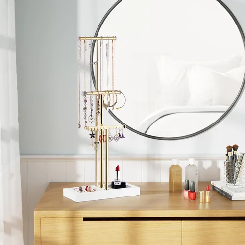 Miniatura 2 de Love-KANKEI Organizador de joyas colgante con base de metal y madera, soporte para collar con árbol de 3 niveles soporte para joyas para pulseras
