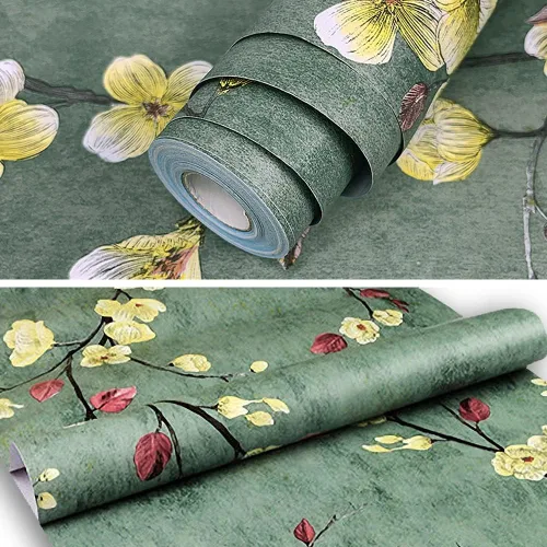 Miniatura 7 de Papel tapiz floral para despegar y pegar, 17.7 pulgadas x 9.8 pies, flor de ciruela verde, extraíble, autoadhesivo, papel de contacto decorativo