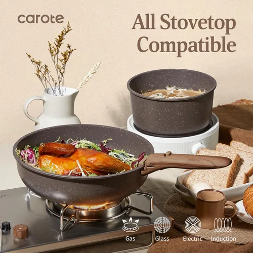 Miniatura 5 de CAROTE Juego de 17 piezas de ollas y sartenes antiadherentes con mango desmontable, juego de utensilios de cocina antiadherentes, juego de cocina