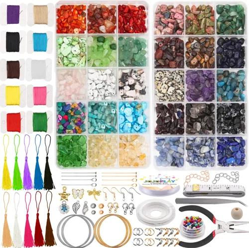 JOJOPLAY El kit de cuentas irregulares de piedras preciosas naturales incluye cuentas de semillas, cuentas de madera, borlas, colgantes, hallazgos
