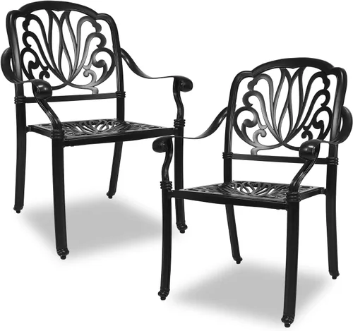 Miniatura 8 de Juego de 2 sillas de comedor de aluminio fundido para exteriores, juego de sillas de bistró para patio con reposabrazos, sillas de comedor