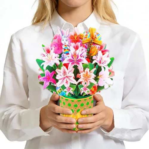 Miniatura 13 de GREETING ART Tarjeta desplegable de Pascua, diseño de ramo de conejo de cruz de lirio colorido 3D, tarjetas de felicitación de ramo de Pascua 3D