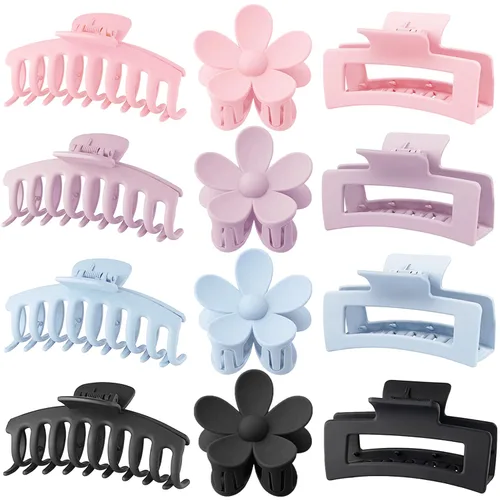 Miniatura 10 de Pinzas Grandes para Cabello Tipo Garra, Paquete de 12, Pinzas para Cabello con Flores para Cabello Fino, Grande Cuadrado Mate Sujeción Fuerte
