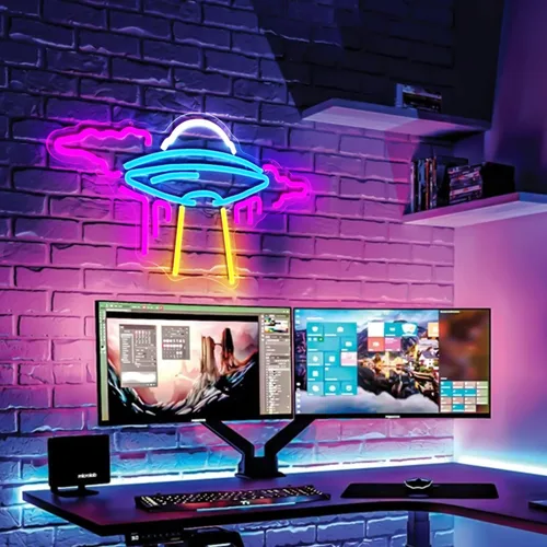 Miniatura 7 de Letrero de neón OVNI de nave espacial con luces LED de neón regulables para pared, letrero de neón OVNI para dormitorio, niños, espacio