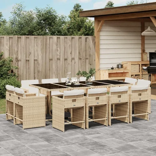 Miniatura 33 de 17-Piece Brown Poly Rattan Patio Dining Set with Cream White Cushions, Foldable Chairs and Tempered Glass Table for Outdoor Garden Backyard Patio