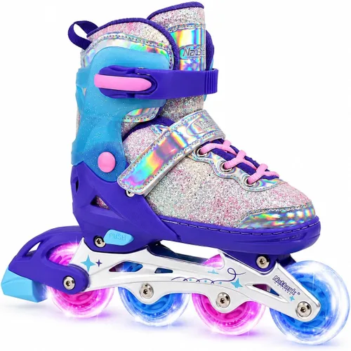 Miniatura 9 de Mammygol Patines en línea para niñas y niños, 4 tamaños ajustables para niñas de 3 a 12 años con ruedas iluminadas y protección de seguridad, regalo