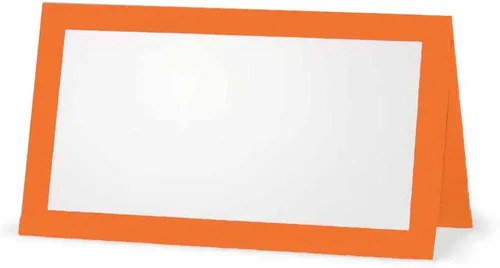 Miniatura 2 de Tarjetas de lugar naranjas, plana o tienda de campaña, paquete de 10 o 50 unidades, parte delantera blanca en blanco con borde, tabla de colocación