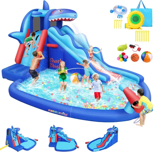 AKEYDIY Toboganes acuáticos inflables, estilo tiburón, parque acuático inflable al aire libre con escalada, borde de baloncesto, piscina de