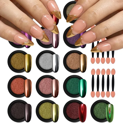 Artdone 16 tarros de polvo de perlas cromadas para uñas plateadas y doradas, espejo iridiscente aurora, pigmento metálico para uñas, pigmento de