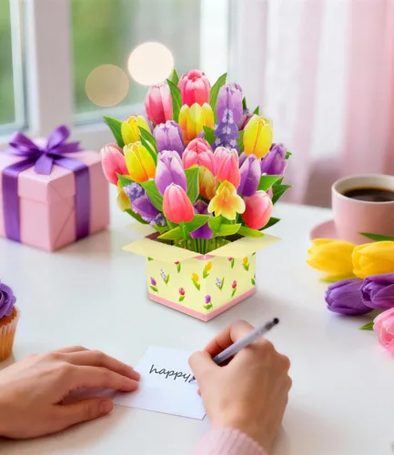 Miniatura 5 de Tarjeta de felicitación de primavera 3D con diseño de tulipanes coloridos para el día de la madre, cumpleaños, Pascua, aniversario, agradecimiento