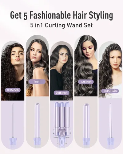 Miniatura 2 de Varita Rizadora Onduladora - Set de Varita Rizadora BESTOPE PRO 5 en 1 con Rizador de Cabello de 3 Barriles para Mujeres, Varita Rizadora de Púrpura
