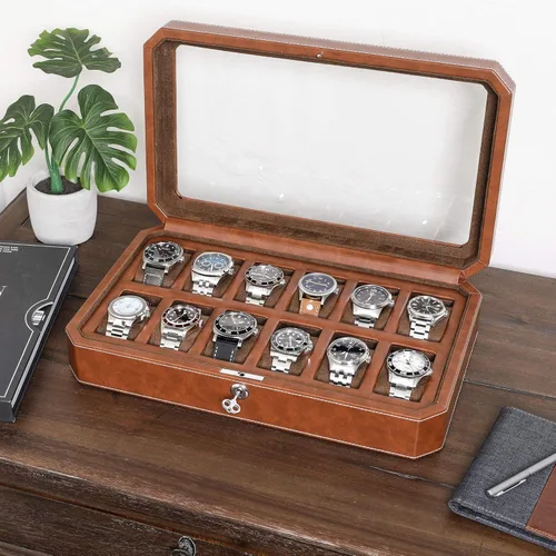 Miniatura 2 de ROTHWELL Caja de reloj de cuero con 12 ranuras, organizador de lujo para relojes, forro de microgamuza, soporte para relojes de joyería para hombre
