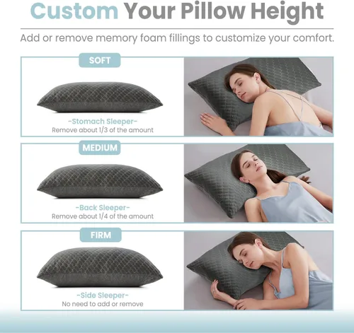 Miniatura 4 de Bafode Juego de 2 almohadas de espuma viscoelástica tamaño King, almohadas de espuma viscoelástica trituradas, almohada refrescante para dormir