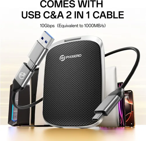 Miniatura 8 de PHIXERO SSD externo portátil de 2 TB hasta 550 MB/s, USB 3.2 Gen 2 USB C a C y A para smartphone/tablet/PC/portátil/cámara (negro)