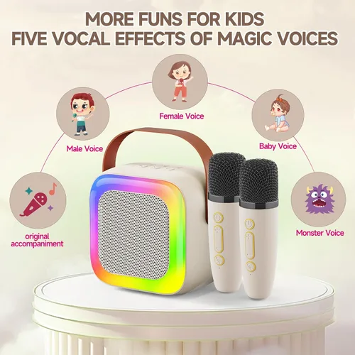 Miniatura 2 de Mini máquina de karaoke para niños, adolescentes y adultos, máquina de karaoke para niños con 2 micrófonos inalámbricos y luces LED, juguetes