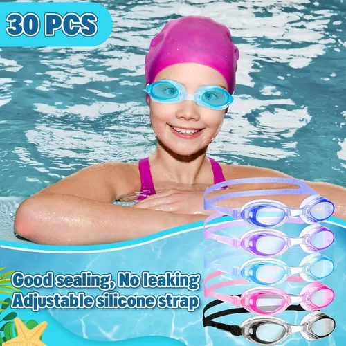Miniatura 2 de Macarrie Paquete de 30 gafas de natación a granel sin fugas con tapones para los oídos y clip de nariz para adultos, hombres, mujeres y jóvenes