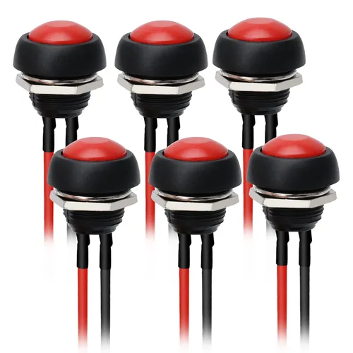 Miniatura 9 de STARELO 6 interruptores de botón momentáneos de 0.472 in, mini interruptor redondo impermeable SPST 3A 125V AC 2Pin 1NO con cable pre-soldado Negro