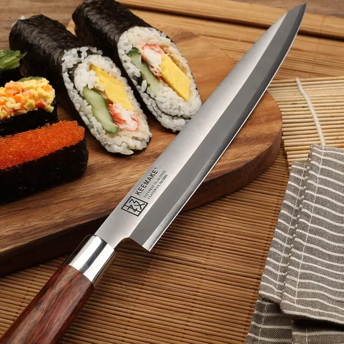 Miniatura 7 de KEEMAKE Cuchillo de sushi japonés – Cuchillo Sashimi japonés VG10 de acero inoxidable hoja biselada simple, mango de palisandro perfecto Yanagiba