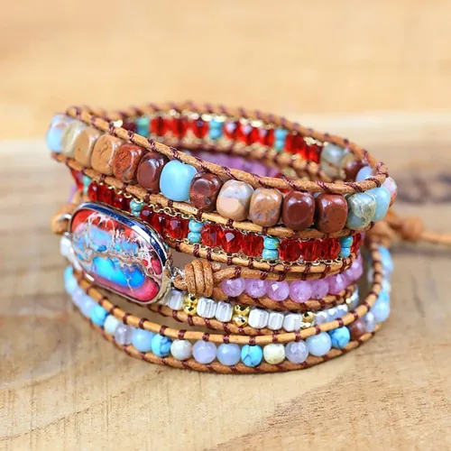 Miniatura 4 de ZOSOJONA Pulsera envolvente para mujer, estilo bohemio, con cuentas de cristal de jaspe natural, Cuero, Ágata