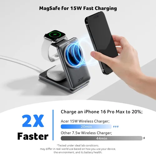 Miniatura 6 de Estación de carga 3 en 1 de Acer para iPhone, soporte de cargador inalámbrico, cargador MagSafe rápido de 15W para iPhone 17 16 15 14 13 12 Series