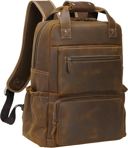 TIDING - Mochila para portátil de cuero de grano completo de 15.6 pulgadas para hombre, mochila grande casual para viaje, estilo vintage, para fin