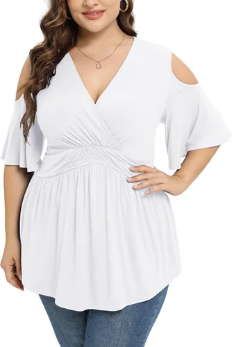 TIANZHU Camisetas de talla grande para mujer, sexy, con cintura imperio, camisas de manga corta con detalle de hombros descubiertos