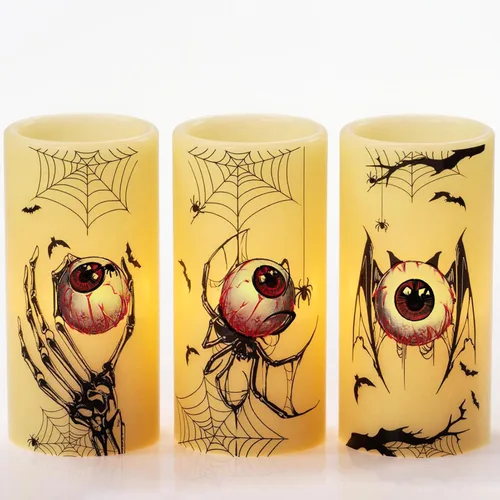 Miniatura 16 de Eldnacele Velas LED sin llama parpadeantes de Halloween, funcionan con pilas, con temporizador de 6H, calcomanías de calavera, telaraña, cuervo