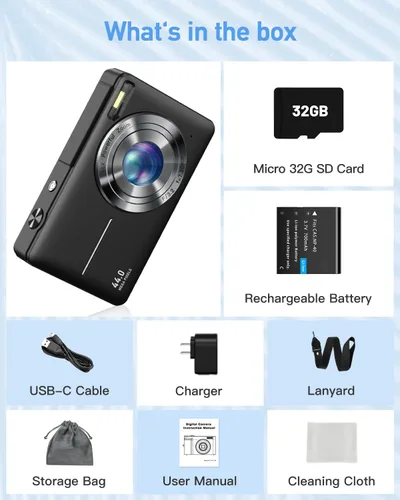 Miniatura 7 de Cámara digital para niños, cámara digital 1080P FHD 44MP para apuntar y disparar para fotos con tarjeta de 32 GB, zoom 16X, cámara compacta regalos