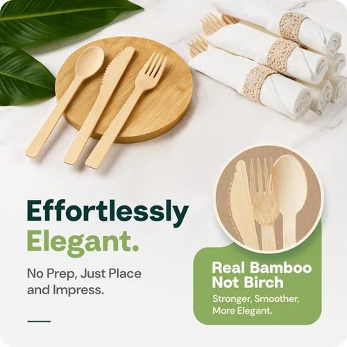 Miniatura 4 de Juego de Fiesta de Platos de Hoja de Palma y Cubiertos de Bambú Pre-Enrollados - Platos Compostables de 10 y 7 Pulgadas, Elegantes Utensilios