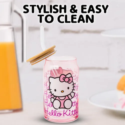Miniatura 6 de Silver Buffalo Sanrio - Vaso de vidrio rosa con tapa de bambú y sorbete de vidrio de Hello Kitty, 16 onzas Hello Kitty Agitando