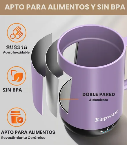 Miniatura 5 de Kepwam Taza de Café Autocalentante T1, Taza de Café Recargable Calentada de 16oz, Taza de Café Inteligente con Calentamiento Controlado por