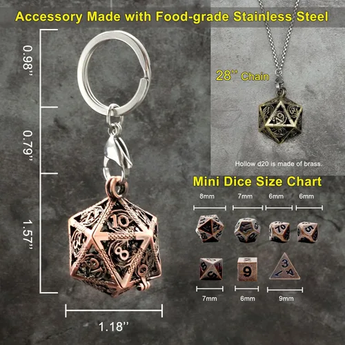 Miniatura 5 de Haxtec Mini Juego de Dados de Metal DND con Estuche de Cuello Hueco Juego de Dados de Metal Pequeños Antiguos Juego de Llaveros D&D Portátil Juego