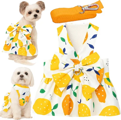 Miniatura 11 de Set de Vestido con Moño y Arnés con Correa para Perros Pequeños para Niñas, Ropa para Perros y Gatos Rosa Floral, Lindas Ropas para Cachorros, Ropa