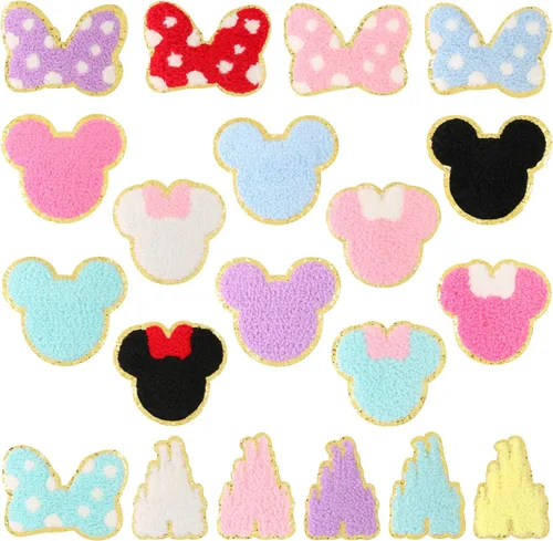 20 parches de felpilla para planchar, coloridos parches bordados de oso de castillo de chenilla para coser, apliques bordados, accesorios de