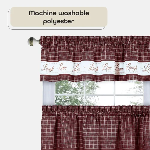 Miniatura 4 de Juego de cortinas con cenefa y volante para ventana - 58 pulgadas de ancho, 36 pulgadas de largo - Vive, Ama, Rie (Amarillo) - Cortinas de filtrado