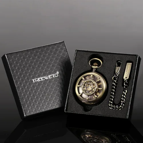 Miniatura 7 de TREEWETO Reloj de bolsillo con doble cubierta de bronce con números romanos para hombre y mujer
