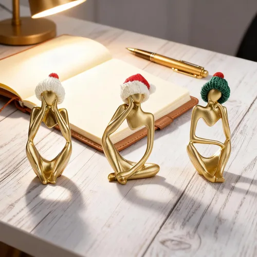 Miniatura 6 de Juego de 3 estatuas abstractas de oro pensador, escultura de resina hecha a mano, escritorio de oficina moderno, decoración del hogar
